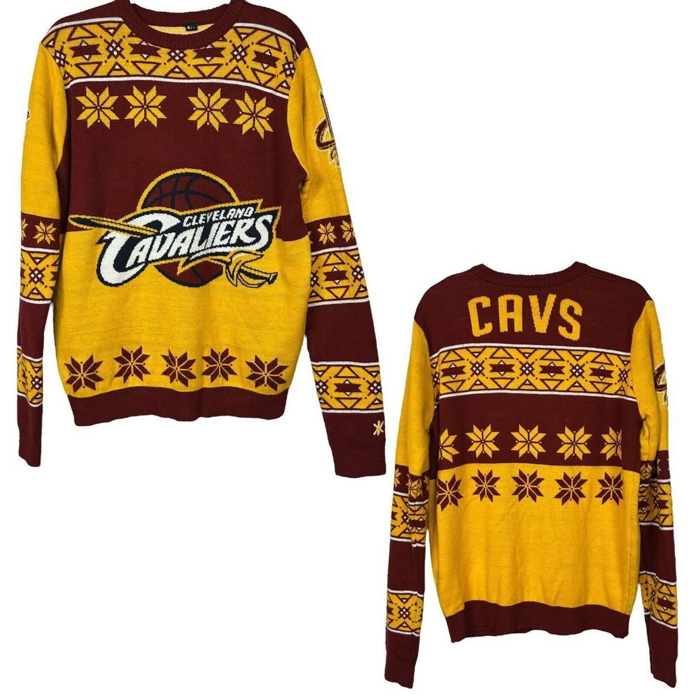 Cleveland Cavaliers Sweater Mens L Red‎ Yellow NBA Basketball Knit AOP Geometric
